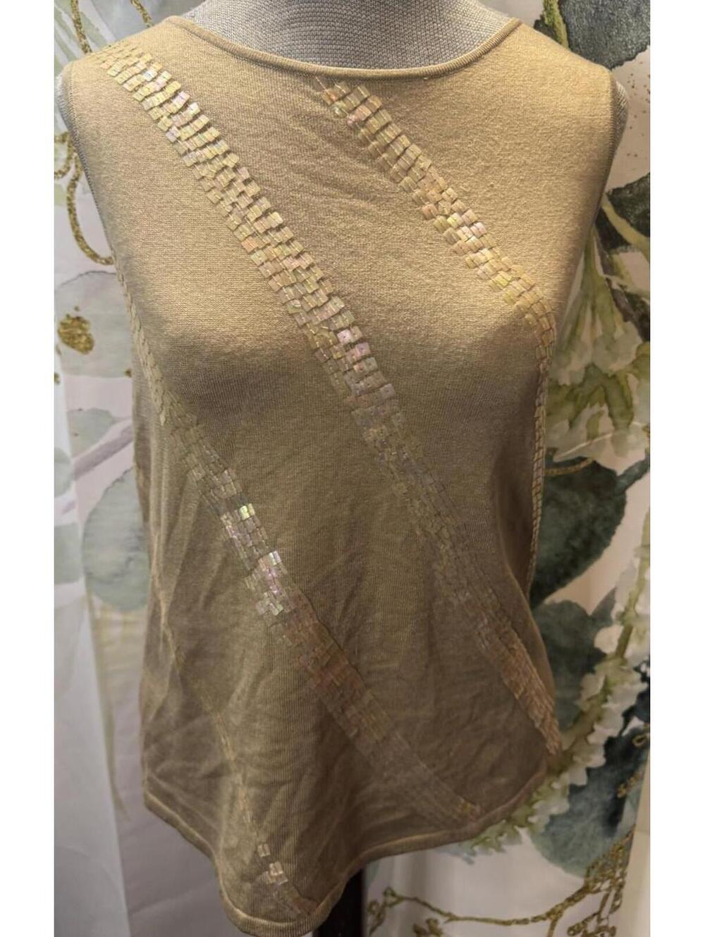 Russell Kemp Beige Sleeveless Top with Iridescent Sequin Stripes